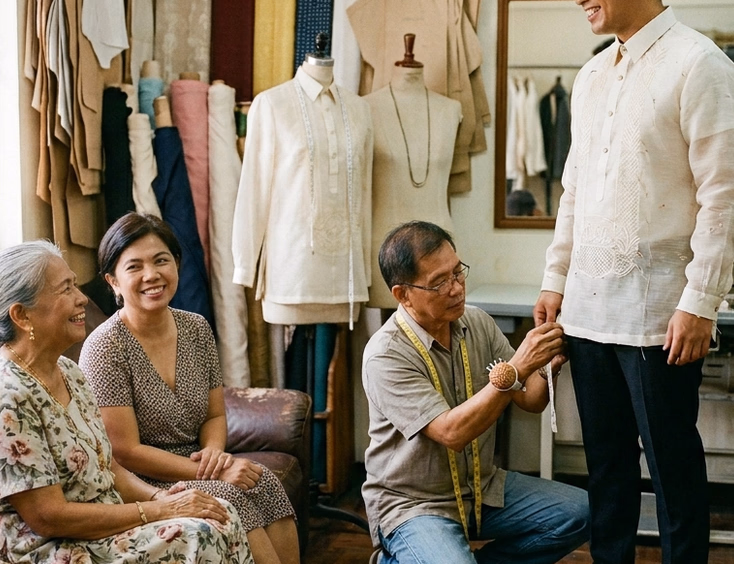Multigenerational Filipino family watching a groom's jusi barong fitting in a vintage tailor's atelier with his mother and lola seated on a sofa nearby
