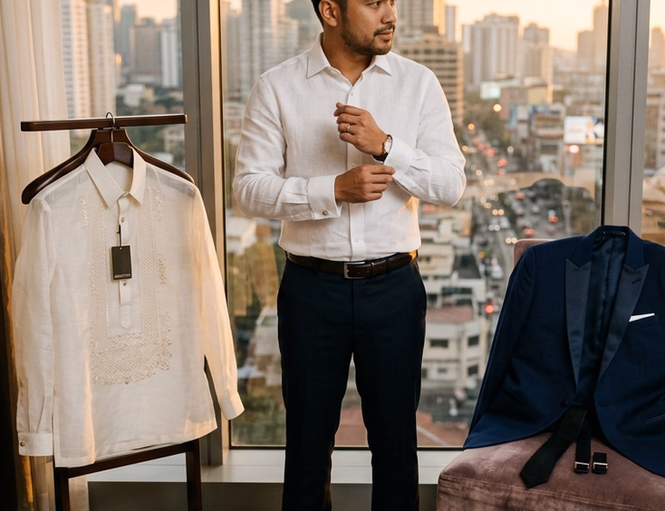 Filipino groom in a hotel suite changing from a piña barong tagalog into a navy suit between wedding ceremony and reception with a city skyline in the background