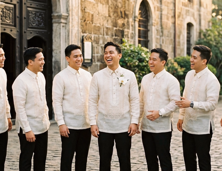 Filipino groom and six groomsmen in matching ivory jusi barong tagalogs laughing together outside a Spanish colonial church in Intramuros during golden hour