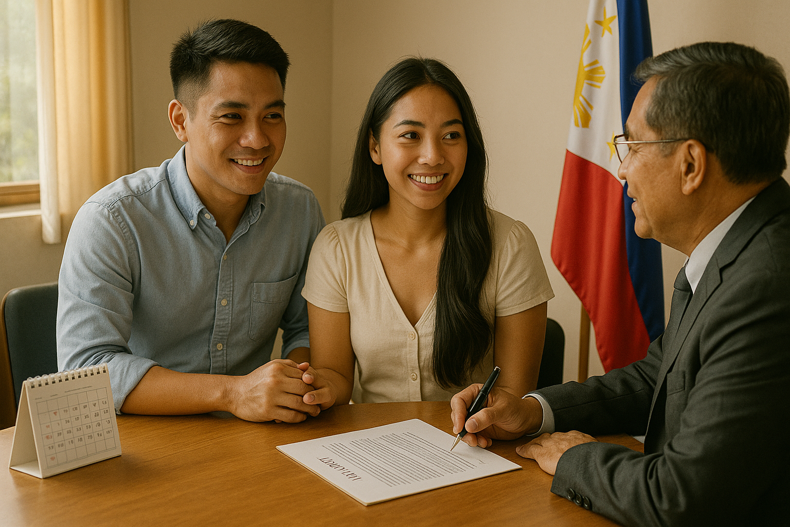 Couple consulting a civil wedding officiant about schedule and requirements