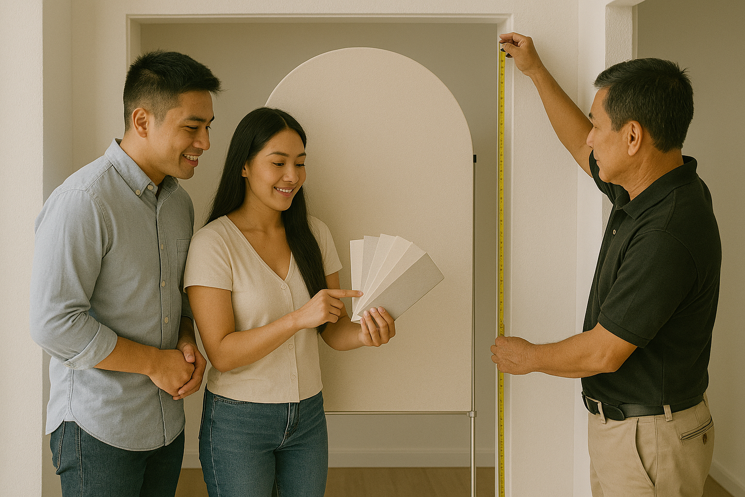 Couple selecting a compact arch and backdrop that fit a small venue