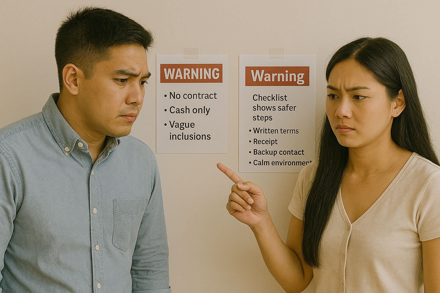 Couple reviewing a list of red flags and safer booking steps