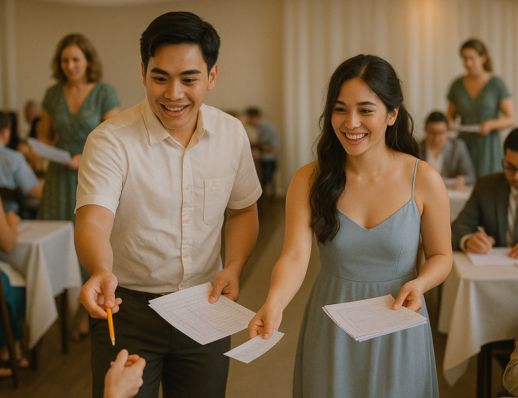 Couple switches to printed answer sheets while a coordinator collects papers