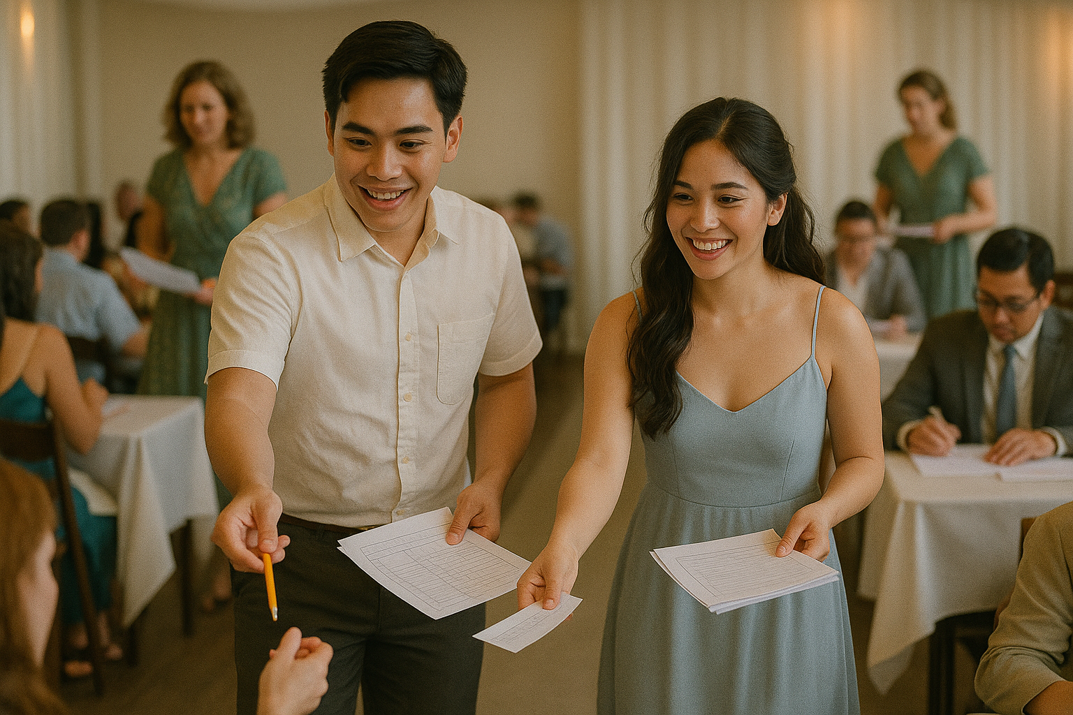 Couple switches to printed answer sheets while a coordinator collects papers