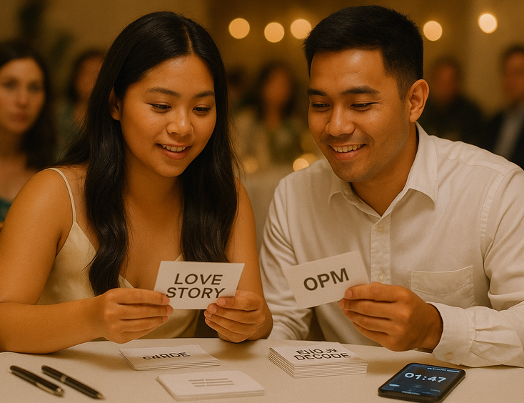 Couple reviews themed question cards for love story OPM culture and emoji rounds