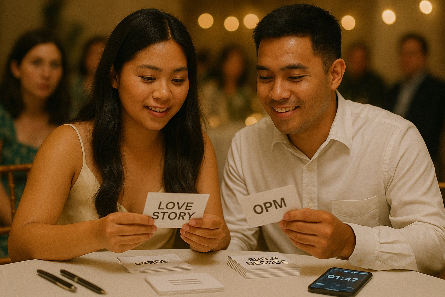 Couple reviews themed question cards for love story OPM culture and emoji rounds