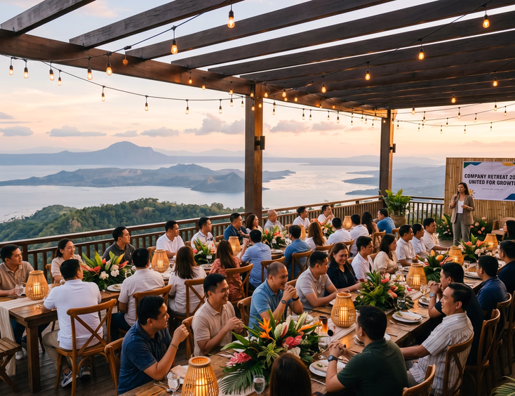 Filipino employees gather at a Tagaytay resort for a corporate retreat with a stunning view of Taal Volcano during sunset.