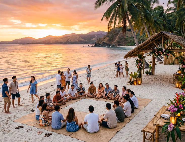 Filipino employees enjoy a sunset bonding activity on a white sand beach at a corporate retreat venue in Batangas.