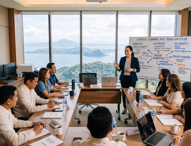 Filipina HR director leads a strategic planning session for executives in a sunlit meeting room overlooking Tagaytay ridge.