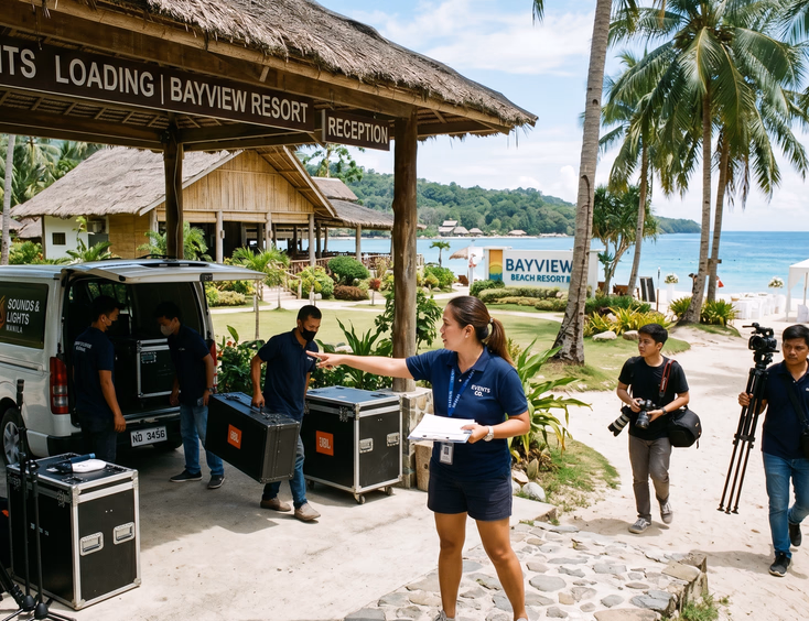 Filipina coordinator manages arriving AV suppliers and equipment at a Batangas beach resort for a corporate event retreat.