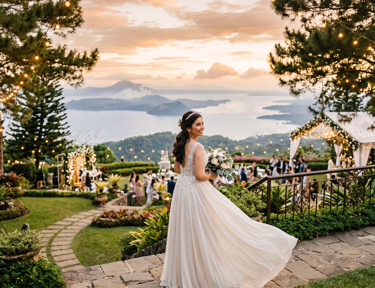 Filipino debutante in an ivory chiffon gown on a terraced lawn at a Tagaytay estate with views of Taal Lake and Volcano at golden hour.