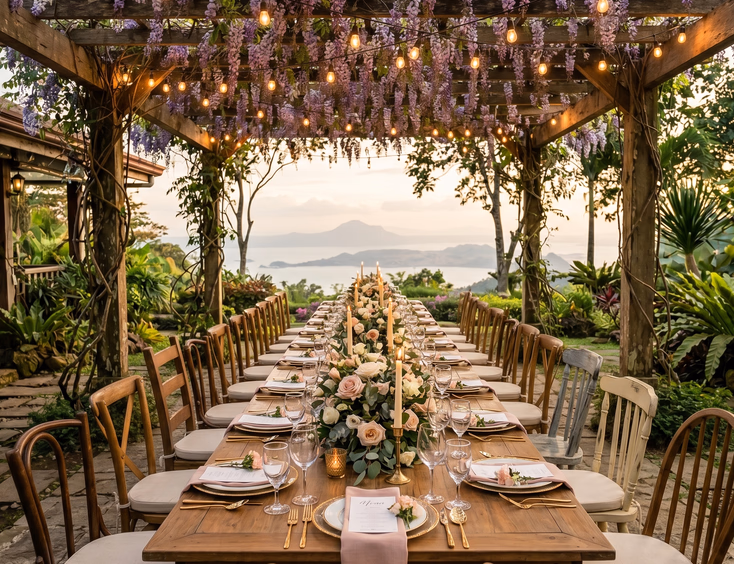 Intimate Filipino debut dinner at a Tagaytay garden restaurant under a wisteria pergola with string lights, farmhouse tables, and lake views.
