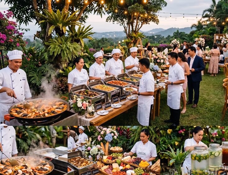Filipino catering team manages outdoor food stations, including paella and grazing tables, at a Tagaytay garden venue during dusk.