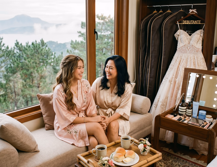 Filipino debutante and her mother, in silk robes, prepare for the debut morning in a Tagaytay hotel suite surrounded by gown bags.