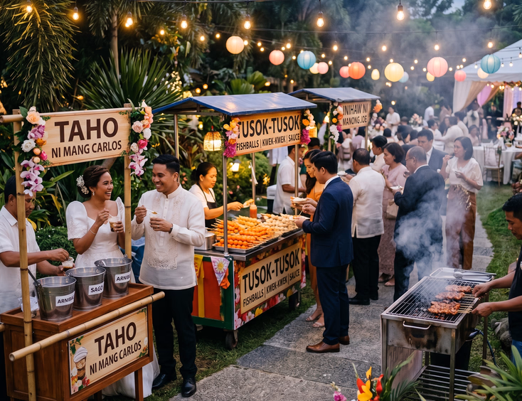 Filipino couple in wedding attire holding taho cups beside a taho cart, tusok-tusok cart, and smoking barbecue grill cart lined along a garden pathway at a Filipino wedding reception at dusk with string lights and paper lanterns overhead