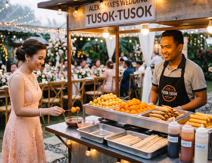 Filipino male vendor standing behind a tusok-tusok cart displaying fried fishballs, kwek-kwek, kikiam, and cheese sticks as a Filipino female guest in formal dress skewers a fishball and dips it into sweet brown sauce at an outdoor Filipino wedding reception