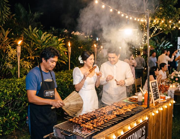 Filipino male grill vendor fanning charcoal beneath pork and chicken barbecue skewers as smoke rises under string lights while a Filipino couple in semi-formal attire holds skewers and dipping sauce at an outdoor Filipino wedding reception at night