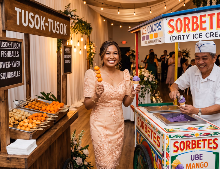 Filipino female guest smiling while holding a fishball skewer and ube sorbetes cone between a tusok-tusok cart and a colorful sorbetes cart with a Filipino sorbetero at an indoor Filipino wedding reception with Edison bulb lighting and white drapery