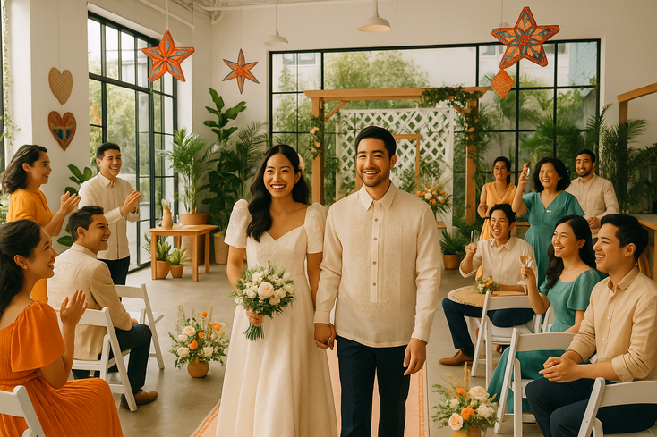 Modern Filipino wedding in a creative indoor or outdoor venue with guests mingling and Filipino-inspired decorations.
