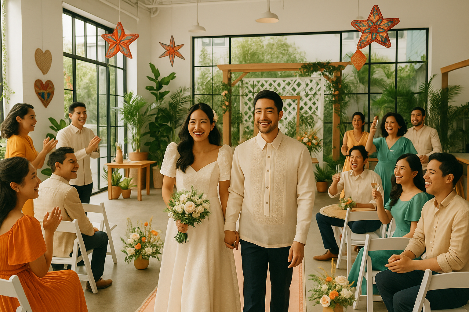 Modern Filipino wedding in a creative indoor or outdoor venue with guests mingling and Filipino-inspired decorations.