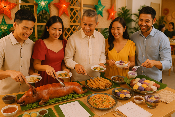 Buffet table with classic Filipino wedding dishes like lechon, pancit, lumpia, and colorful desserts, surrounded by happy guests.