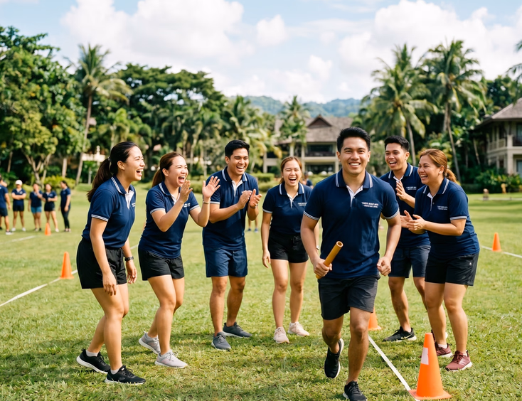 Filipino office colleagues in matching company shirts laughing and playing an outdoor relay game during a resort team building day.