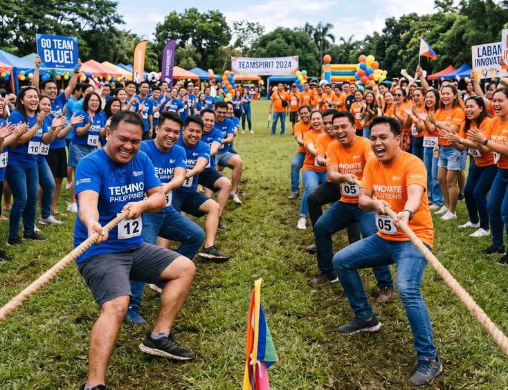 Filipino employees in matching company shirts playing a lively tug-of-war game on a grass field during a corporate team building day.