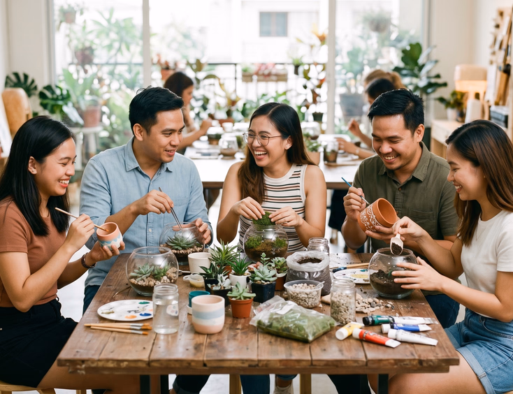 Filipino coworkers building small terrariums and painting pottery together around a table during a creative company workshop activity.