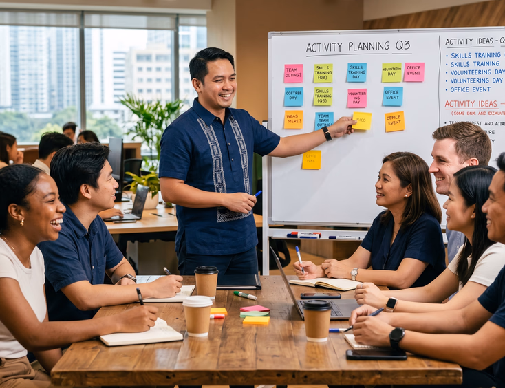 Filipino team leader facilitating a collaborative corporate planning session with diverse employees looking at activity ideas on notes.