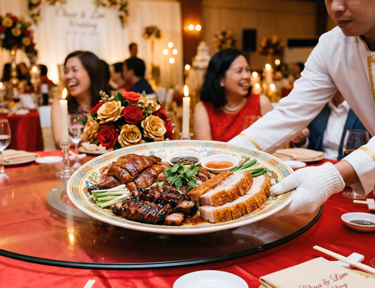 Close-up of gloved Filipino server placing oval platter of sliced Cantonese roast duck char siu barbecued pork and crispy roast pork belly at red satin banquet table during Chinoy wedding banquet in the Philippines