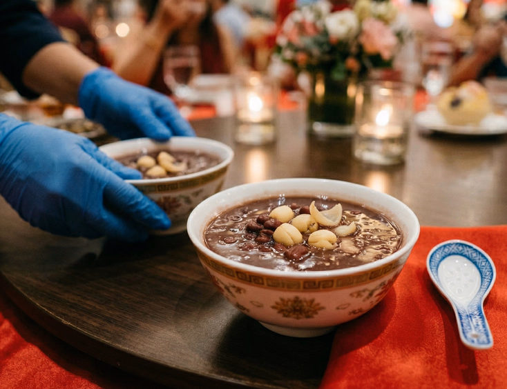 Close-up of warm red bean sweet soup in round ceramic bowl garnished with lotus seeds beside porcelain spoon on red satin banquet table with gloved server placing additional bowls at Chinoy wedding banquet