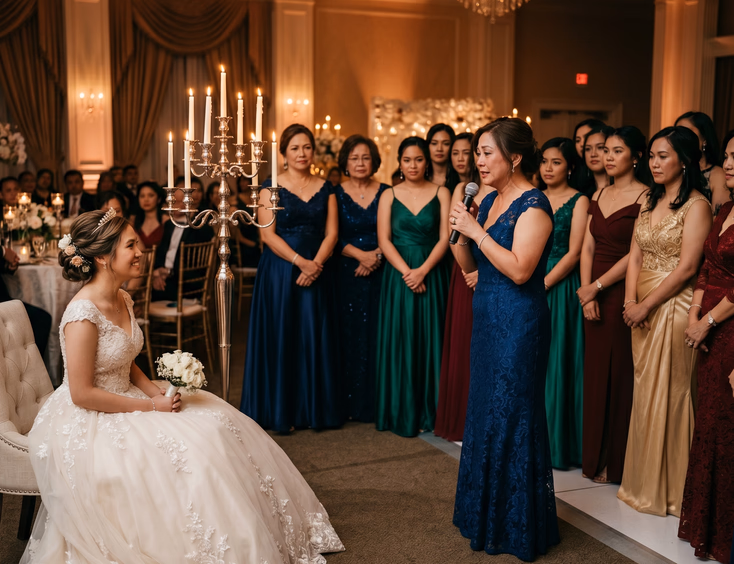 Filipina debutante in an ivory gown at her 18 Candles ceremony, listening to her emotional mother speak in a candlelit ballroom.
