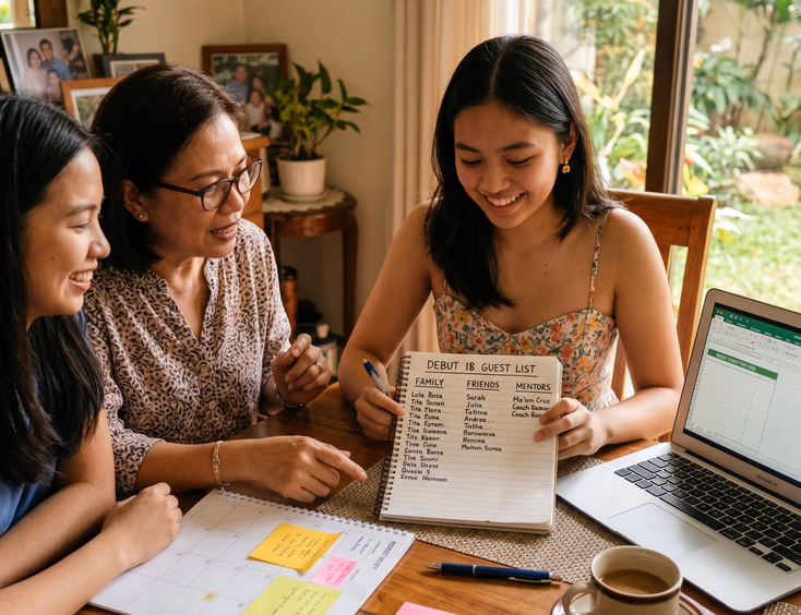 Filipina debutante reviews the 18 Candles guest list with her mother and sister at a table with a laptop in warm afternoon light.