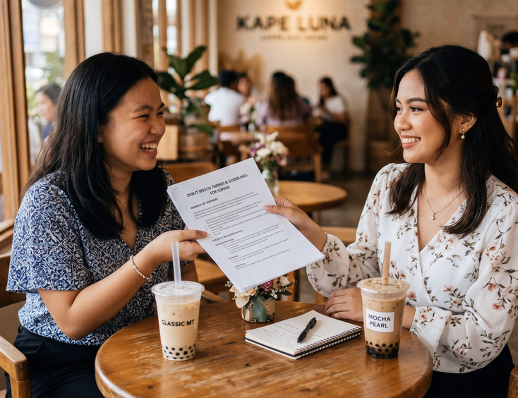 Filipina debutante briefs her best friend on 18 Candles speech themes and wording at a cafe with milk tea and a notebook.