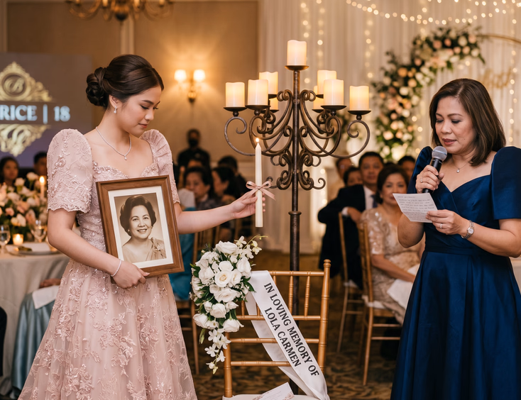 Filipina debutante holds a photo of her late grandmother during an emotional 18 Candles tribute with her aunt in a ballroom.
