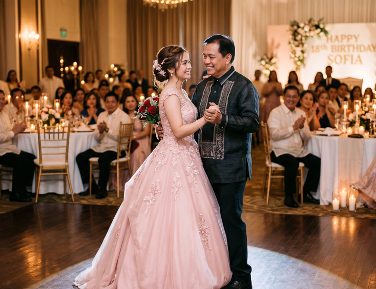 A Filipina debutante in a soft pink ball gown shares a tender first dance with her father in a candlelit ballroom as guests watch warmly.