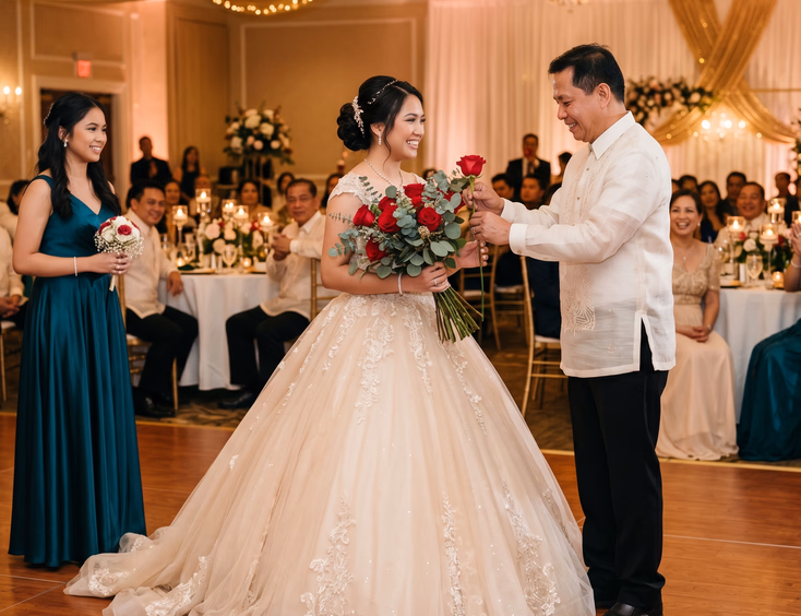 A Filipina debutante in a champagne gown receives a single rose from a man in a barong tagalog during an 18 Roses ceremony in a ballroom.