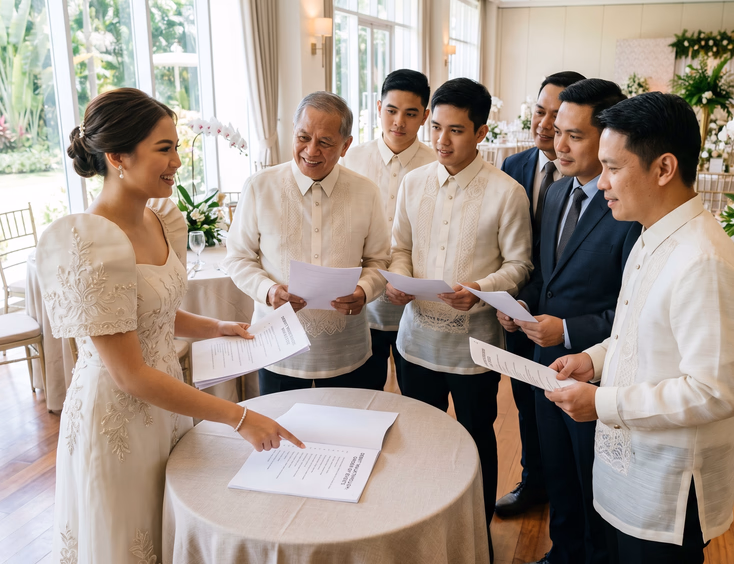 A Filipina debutante briefs the men in her Roses court, dressed in barong tagalog, during a pre-debut walkthrough in a bright banquet hall.