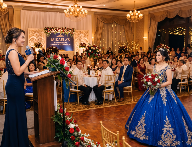 A Filipina emcee at a podium introduces a program segment while the debutante in a ball gown waits on the ballroom floor holding roses.