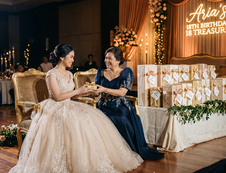 Filipina debutante in a champagne gown receives a jewelry box from her godmother during the 18 treasures ceremony on a ballroom stage.