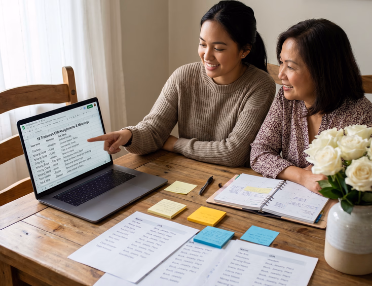 Filipina debutante and her mother use a laptop to plan symbolic meanings for the 18 treasures gifts at a table with white roses.