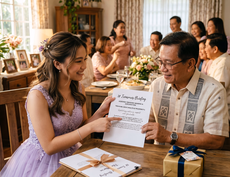 Filipina debutante briefs her ninong on the 18 treasures symbolic meaning using a printed document at a family gathering.