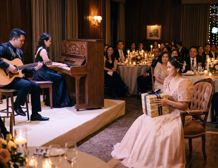 Filipino musicians perform soft background music during an intimate 18 treasures ceremony for a debutante in a dimly lit ballroom.