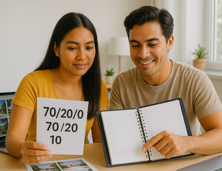 Young Filipino couple with a planner reviewing a 70 20 10 budget chart and venue photos at a cafe