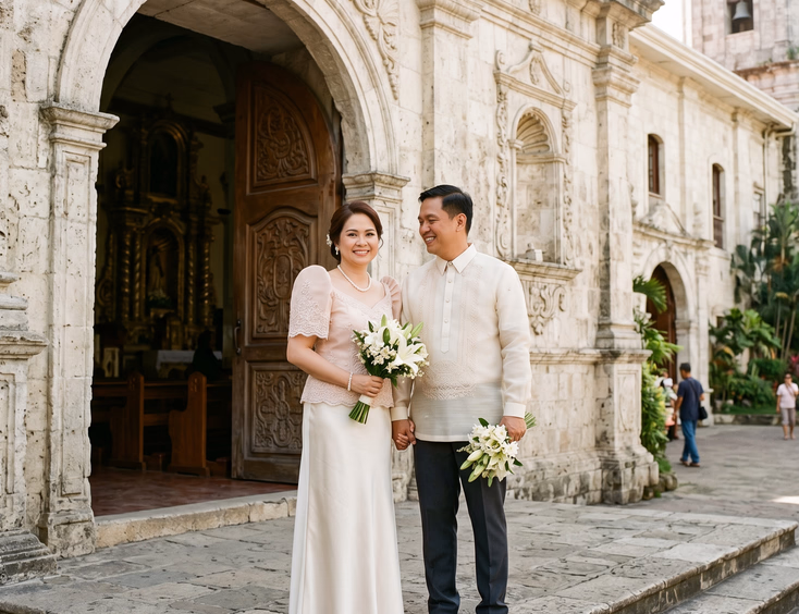Filipino couple in modern Filipiniana and barong tagalog at the entrance of a Spanish colonial church.