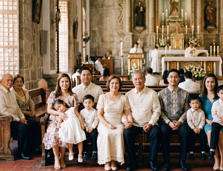 Multi-generational Filipino family wearing traditional attire inside a Spanish colonial church.