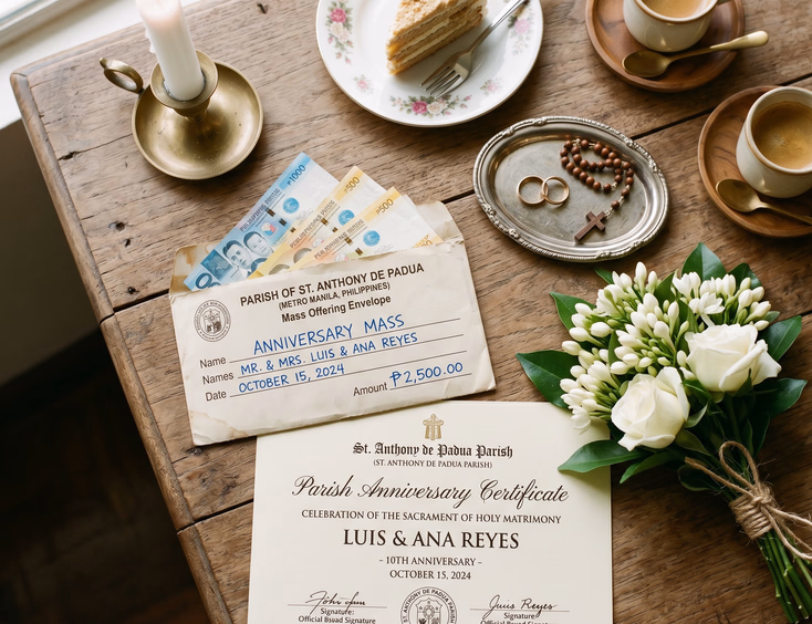 Flat lay of Filipino anniversary Mass items, wedding rings, and sampaguita flowers on a wooden table.