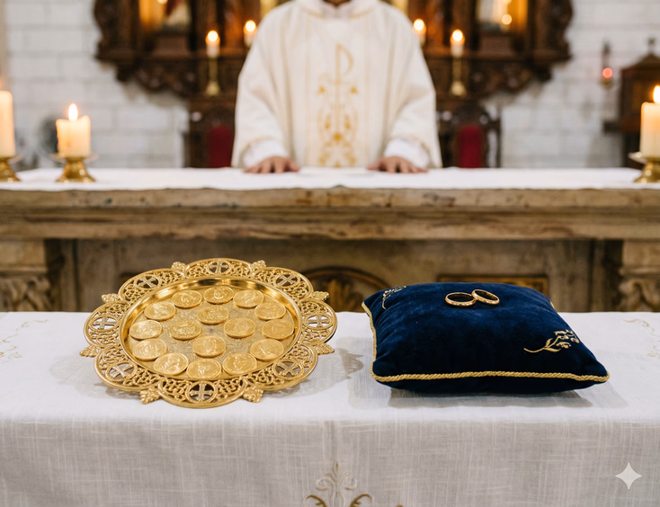 Two ceremonial wedding objects rest side by side on a white linen-draped altar surface inside a Filipino Catholic church — a decorative gold arras coin tray holding thirteen gleaming gold coins on the left, and a dark velvet ring pillow holding two plain gold wedding bands on the right. The blurred hands of a Filipino priest in white vestments and the warm glow of altar candles are softly visible in the background.