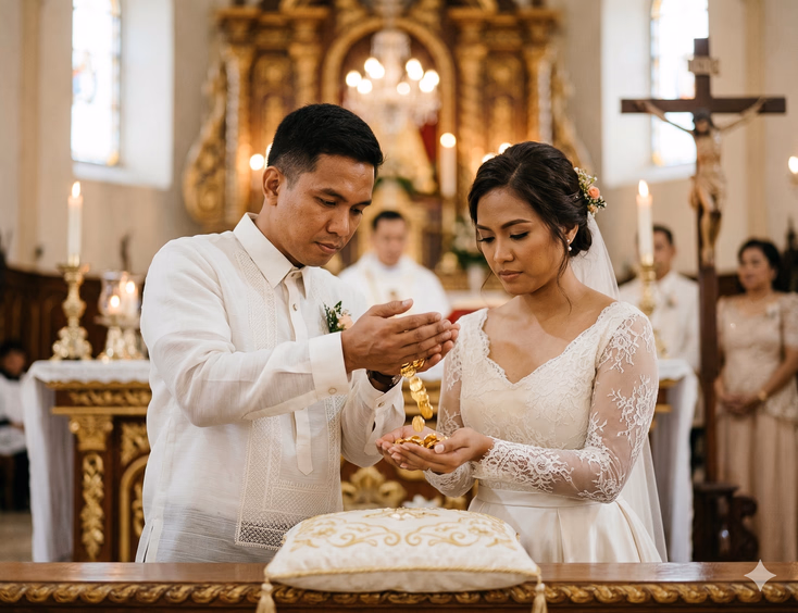 At a Filipino Catholic church altar, a Filipino groom in a white Barong Tagalog carefully pours thirteen gold ceremonial coins from his cupped hands into the open upturned hands of his Filipina bride in an ivory lace-sleeved wedding gown. The coins catch the warm candlelight mid-pour as both faces tilt downward toward their joined hands with serious, present expressions. The decorative arras pillow rests slightly out of focus at the altar's edge in the foreground.