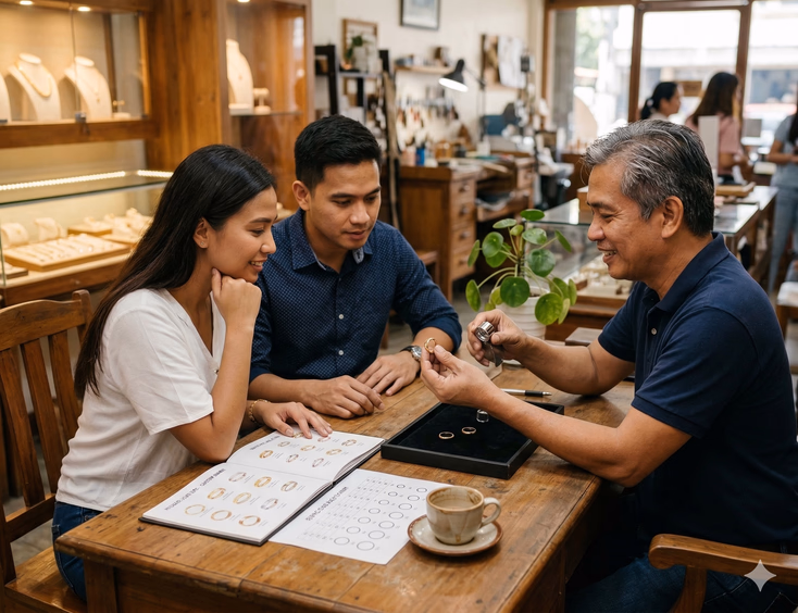 A young Filipino couple in their late 20s sits across a wooden desk from a Filipino jeweler in his 50s inside a warm independent jewelry shop, engaged in a genuine, unhurried consultation. The jeweler leans forward holding a loupe in one hand and a gold wedding band in the other as the Filipina woman leans in with curious interest and her partner rests his hand near an open ring catalog and printed sizing chart. Two plain gold bands on a velvet pad, a magnifying loupe, and a small ceramic coffee cup sit between them on the desk.